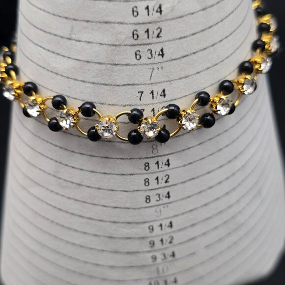 Rhinestone Black Beaded Bracelet Gold Tone Links Petite Dainty - Picture 4 of 8
